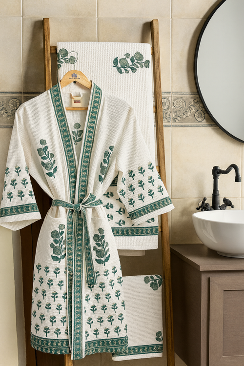 Rose Green Bathrobe and Towel set