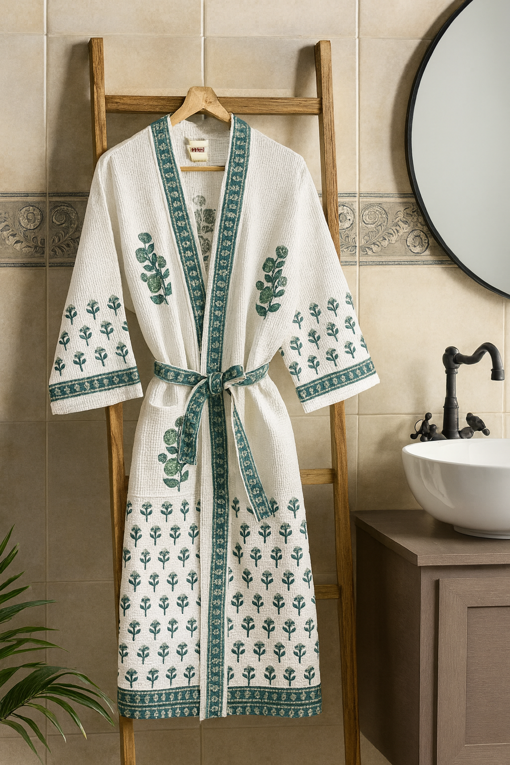 Rose Green Bathrobe and Towel set