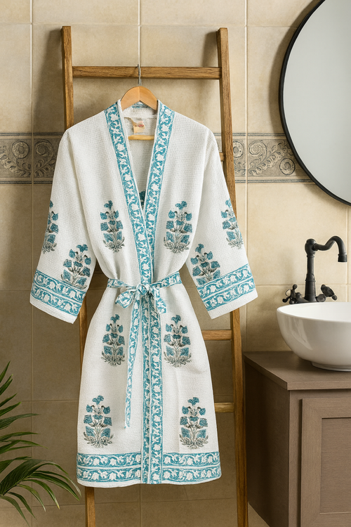 White Blue Bathrobe and Towel set