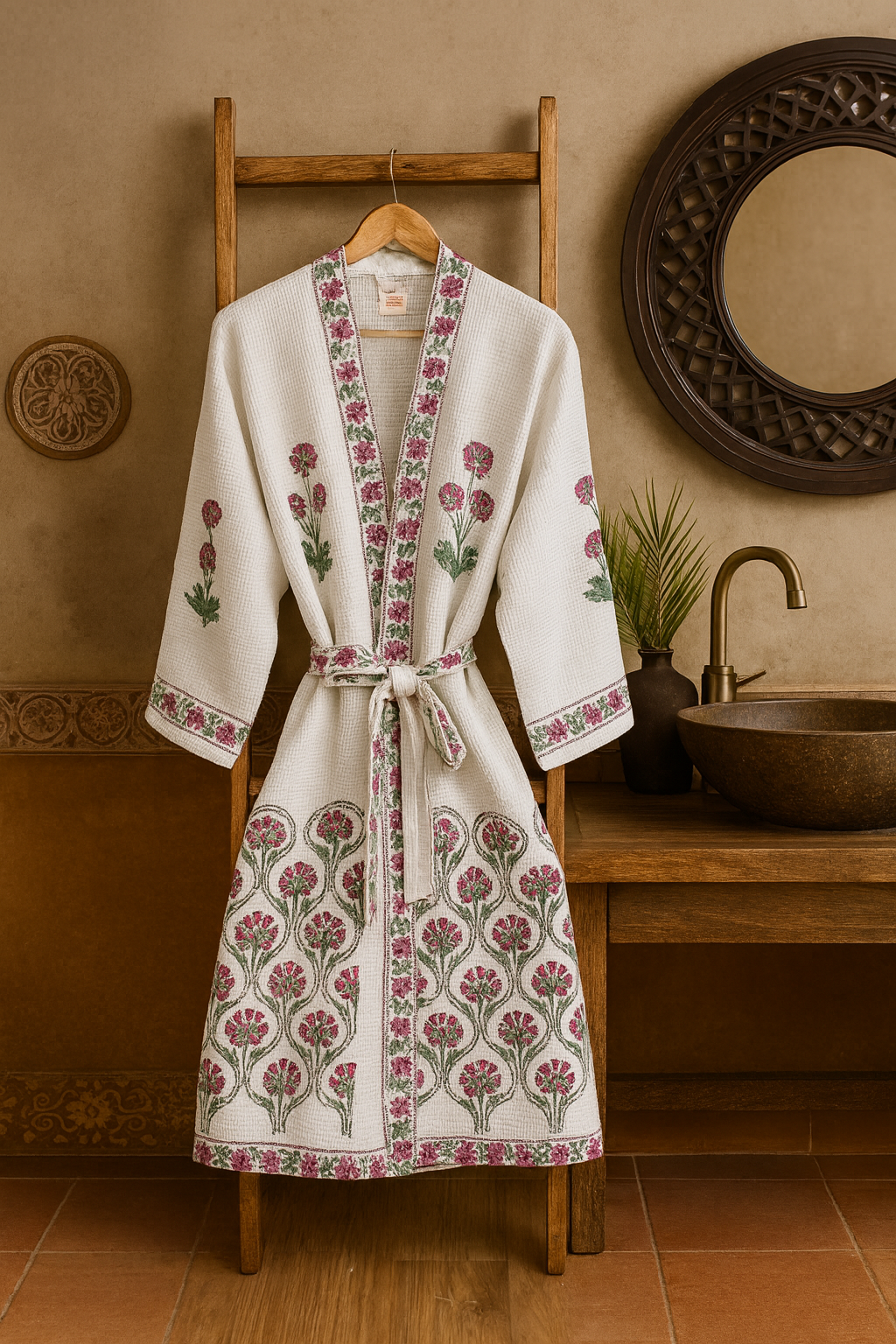 Pink Green Bathrobe and Towel set