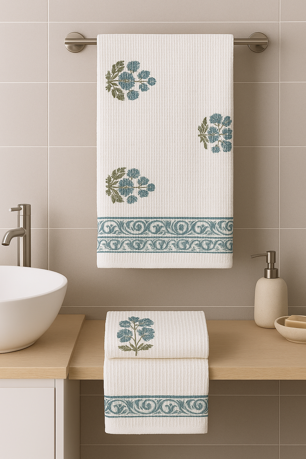 White Blue Adult Towel Set