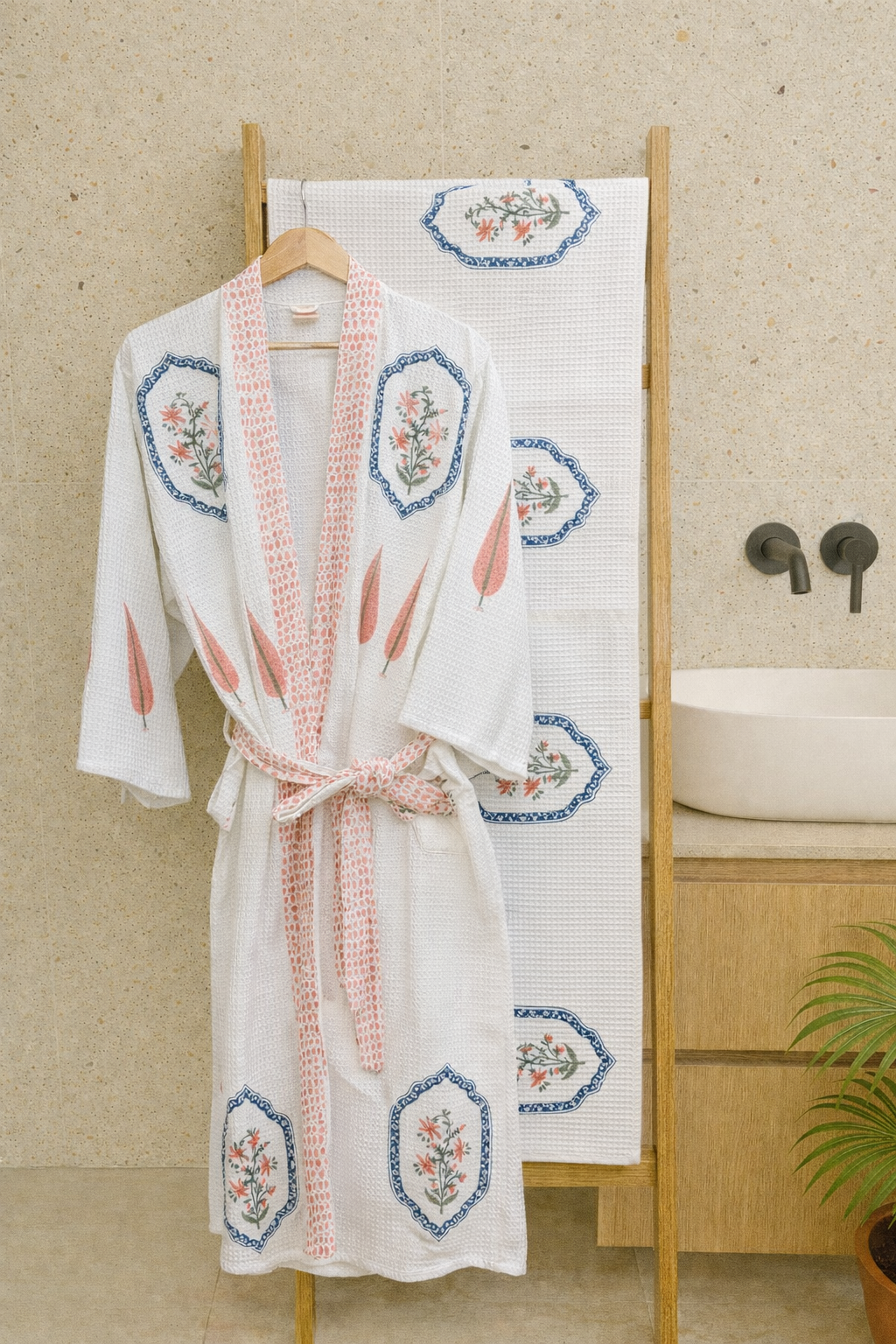 Pink Blue Jasmine Mirror Bathrobe and Towel set