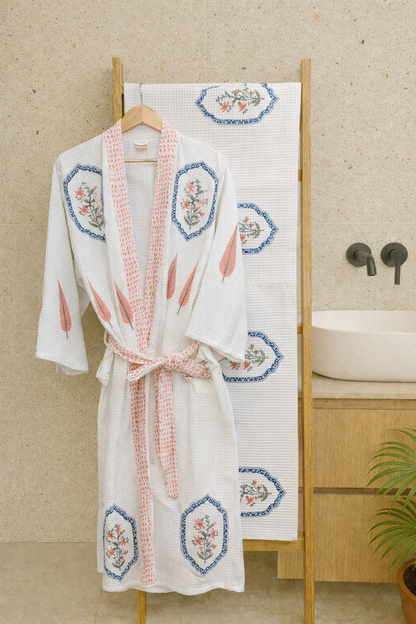 Pink Blue Jasmine Mirror Bathrobe and Towel set