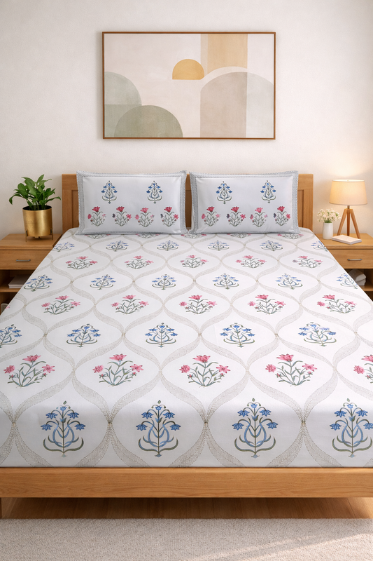 Pink Blue Kaneri Jaal Percale Bedsheet