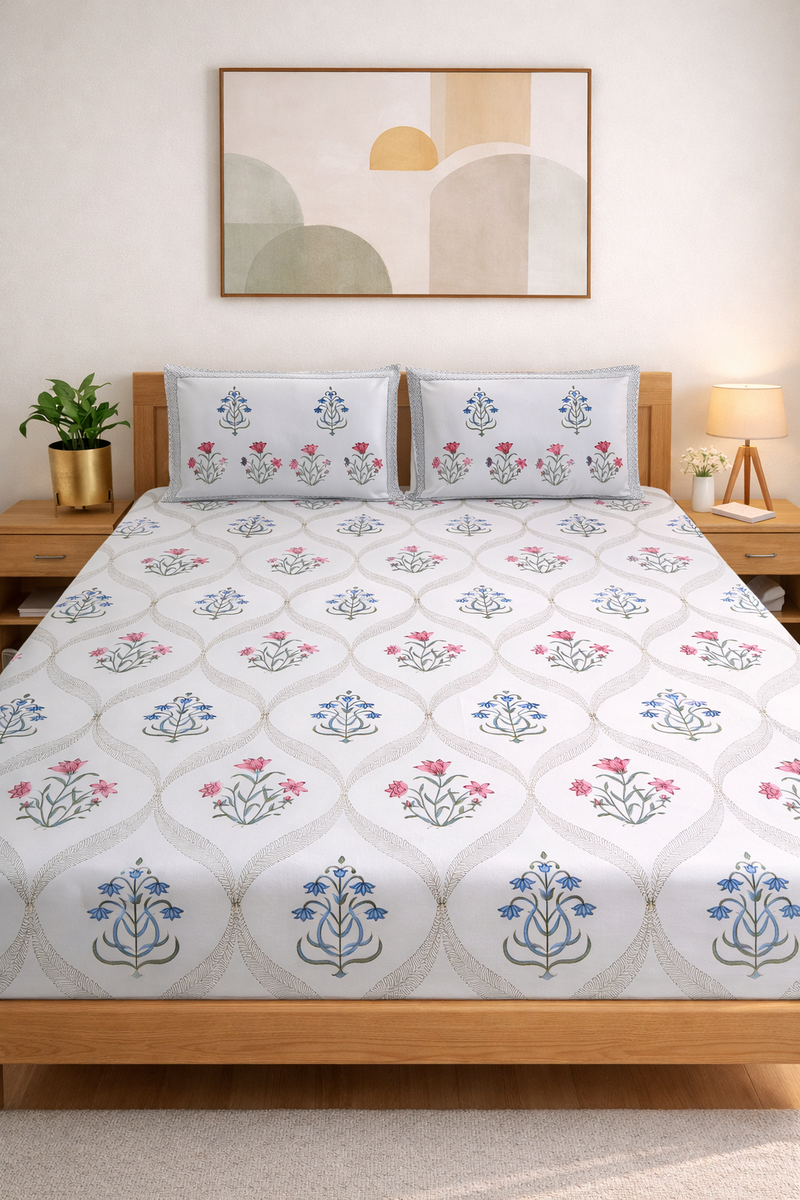Pink Blue Kaneri Jaal Percale Bedsheet