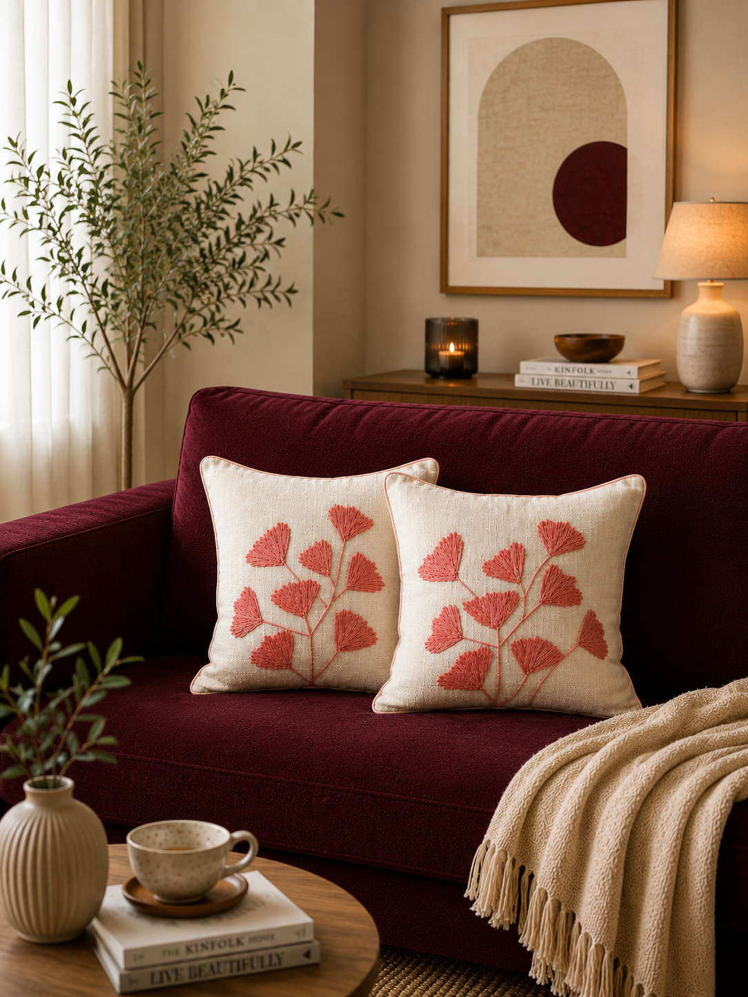 Salmon Pink Petals Embroidery Cushion Cover