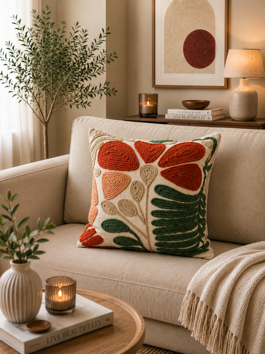 Rusty Green Embroidery and Tassel Cushion Cover