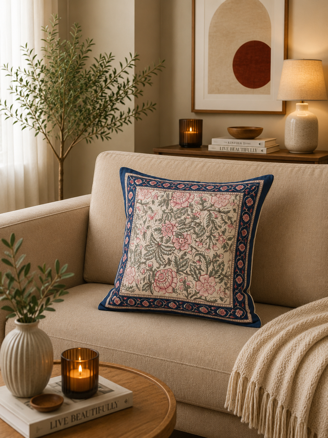Neel Gulab Cushion Cover- White