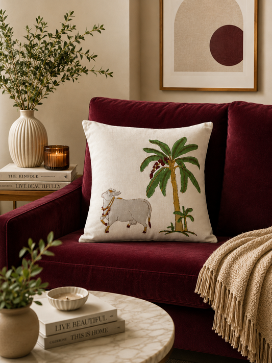 Nandi Pichwai Canvas Cotton Cushion Cover