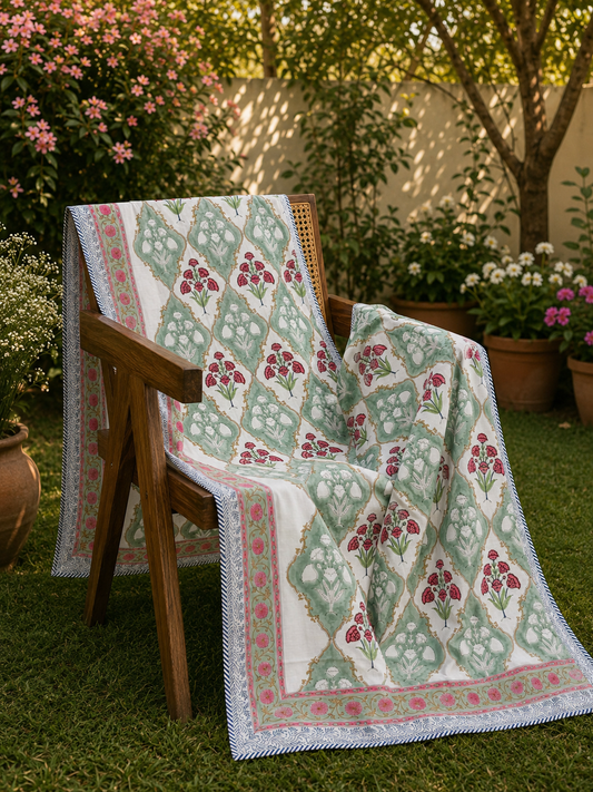 Organic Mulmul Cotton Dohar AC Blanket - Olive Mughal Jaal