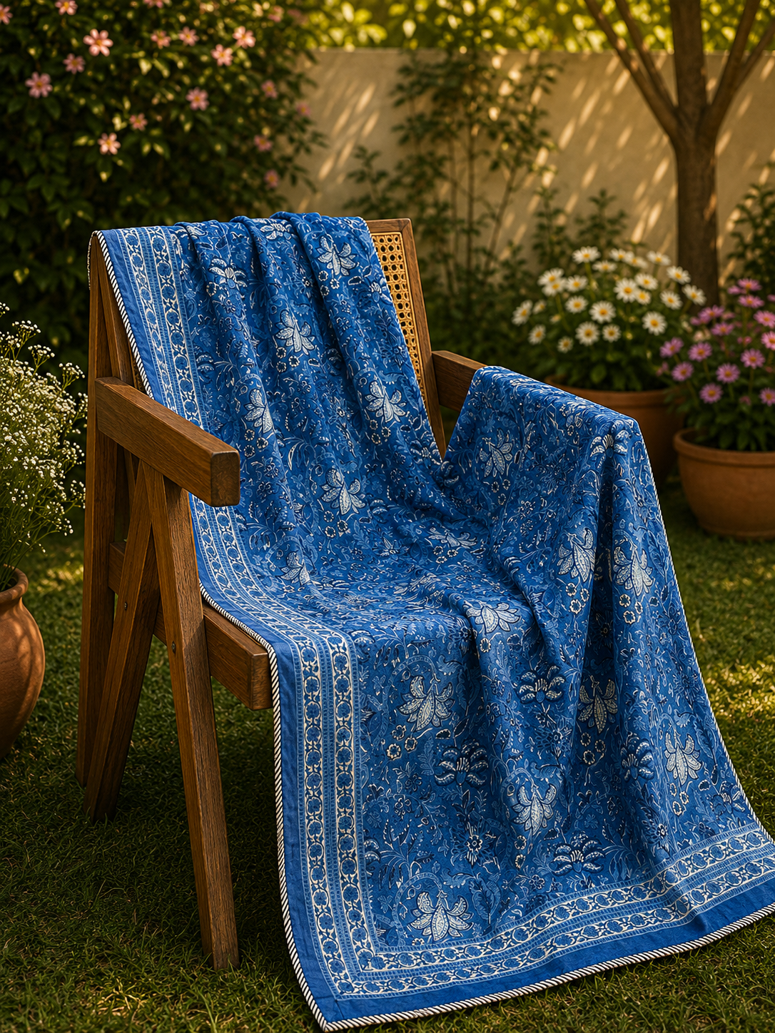 Organic Mulmul Cotton Dohar AC Blanket - Blue Pottery