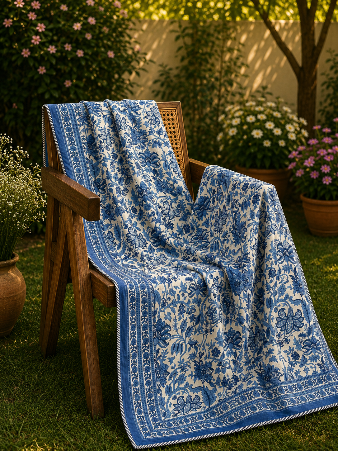 Organic Mulmul Cotton Dohar AC Blanket - Blue Pottery