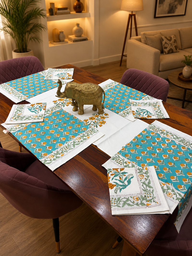 Turquoise Mustard Baugh Table Runner, Mat & Napkin Set