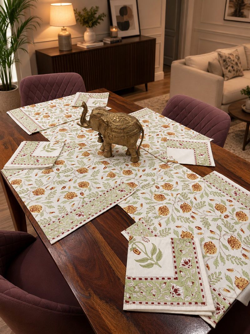 Yellow Green Mughal Jaal Table Runner, Mat & Napkin Set