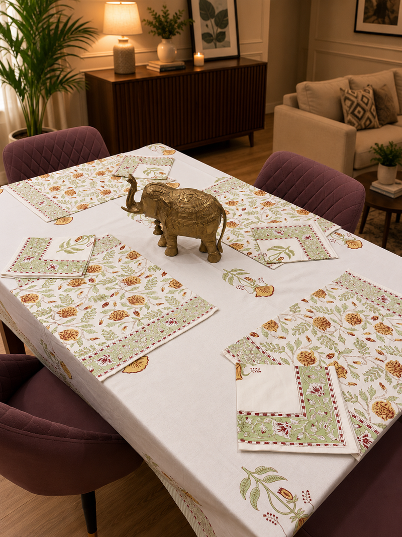 Yellow Green Mughal Jaal Table Cover, Mat & Napkin Set