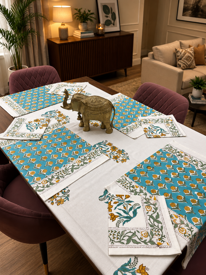Turquoise Mustard Baugh Table Cover, Mat & Napkin Set