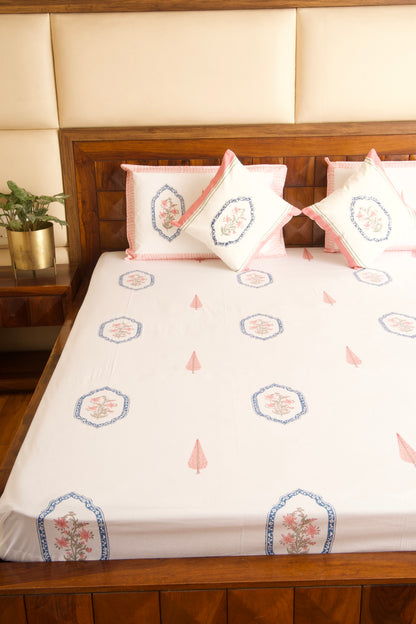 Pink Blue Jasmine Mirror Percale Bedsheet