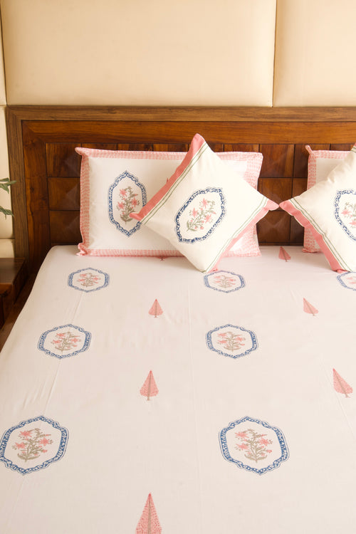 Pink Blue Jasmine Mirror Bedsheet & Quilt Set