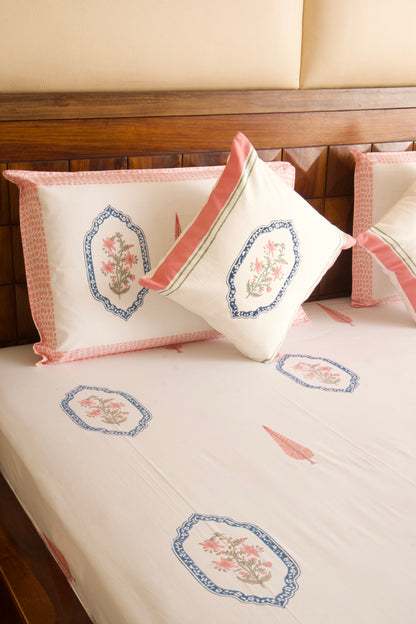 Pink Blue Jasmine Mirror Bedsheet & Dohar Set