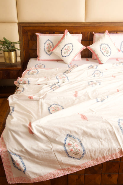 Pink Blue Jasmine Mirror Bedsheet & Dohar Set
