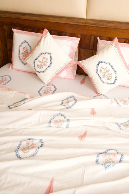 Organic Mulmul Cotton Dohar AC Blanket - Pink Blue Jasmine Mirror