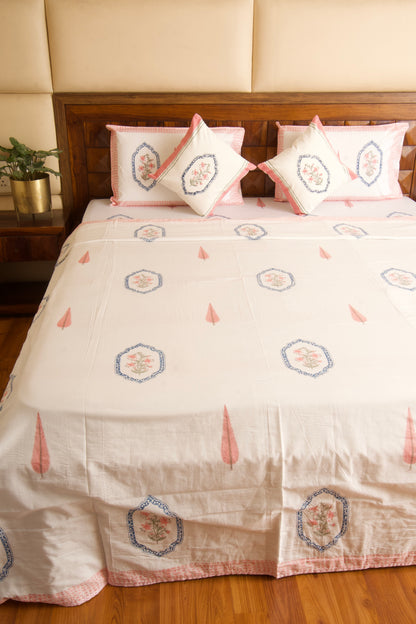 Pink Blue Jasmine Mirror Bedsheet & Dohar Set