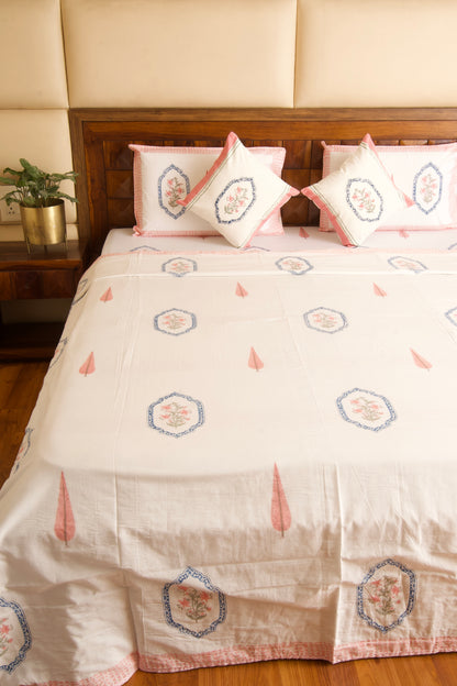 Pink Blue Jasmine Mirror Bedsheet & Dohar Set