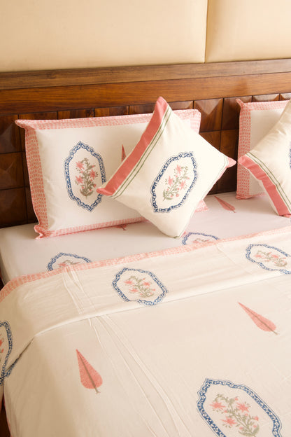 Pink Blue Jasmine Mirror Bedsheet & Dohar Set