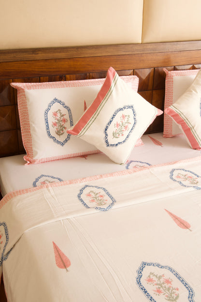 Organic Mulmul Cotton Dohar AC Blanket - Pink Blue Jasmine Mirror