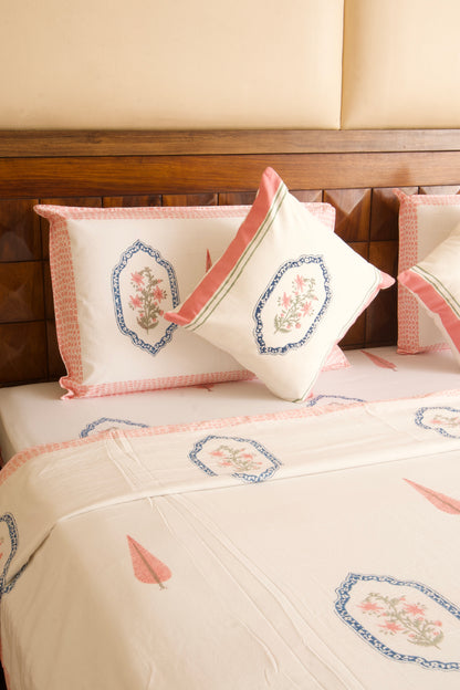 Pink Blue Jasmine Mirror Bedsheet & Dohar Set
