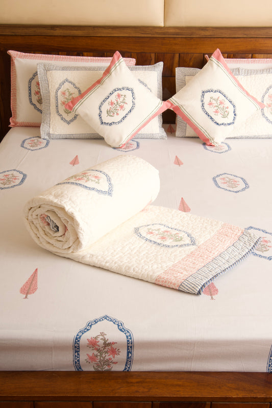 Pink Blue Jasmine Mirror Bedsheet & Bedcover Set