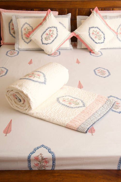 Pink Blue Jasmine Mirror Bedsheet & Bedcover Set