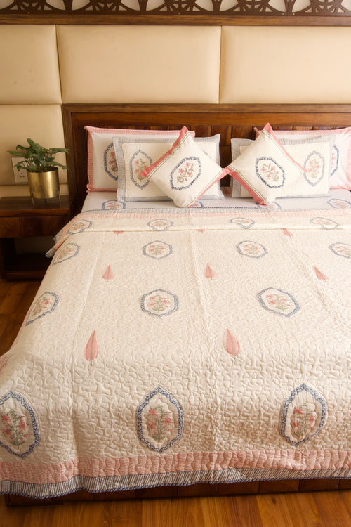 Pink Blue Jasmine Mirror Bedsheet & Bedcover Set