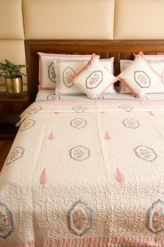 Pink Blue Jasmine Mirror Bedsheet & Bedcover Set