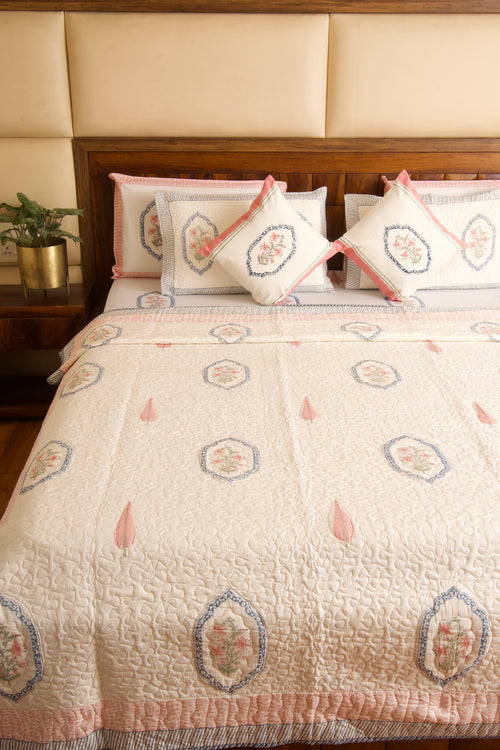Pink Blue Jasmine Mirror Bedsheet & Bedcover Set