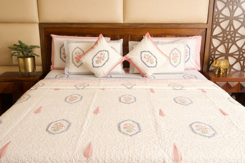 Pink Blue Jasmine Mirror Bedsheet & Bedcover Set