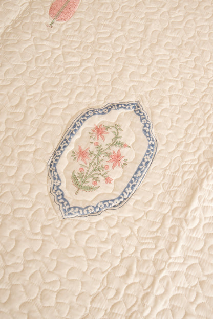 Pink Blue Jasmine Mirror Bedsheet & Bedcover Set