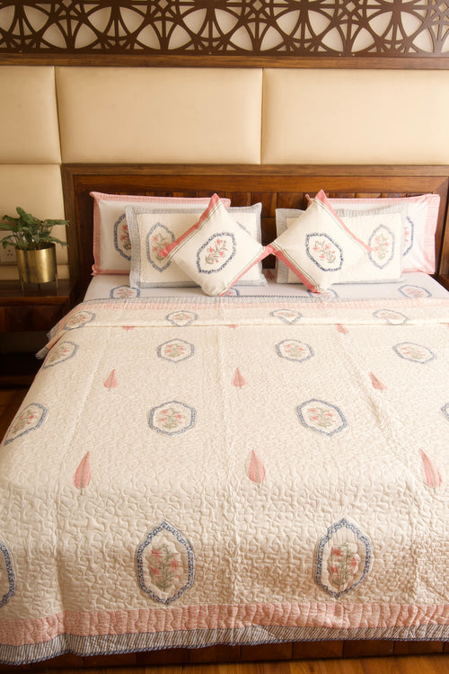 Pink Blue Jasmine Mirror Bedsheet & Bedcover Set