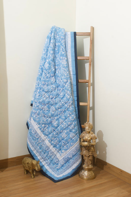 White Blue Floral Baghicha Reversible Mulmul Cotton Quilt-King Size