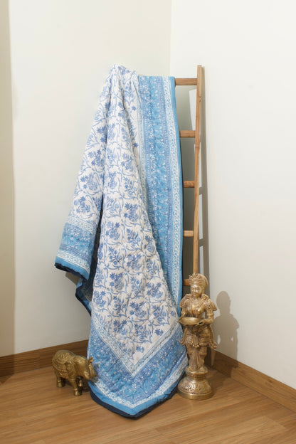 White Blue Floral Baghicha Reversible Mulmul Cotton Quilt-King Size