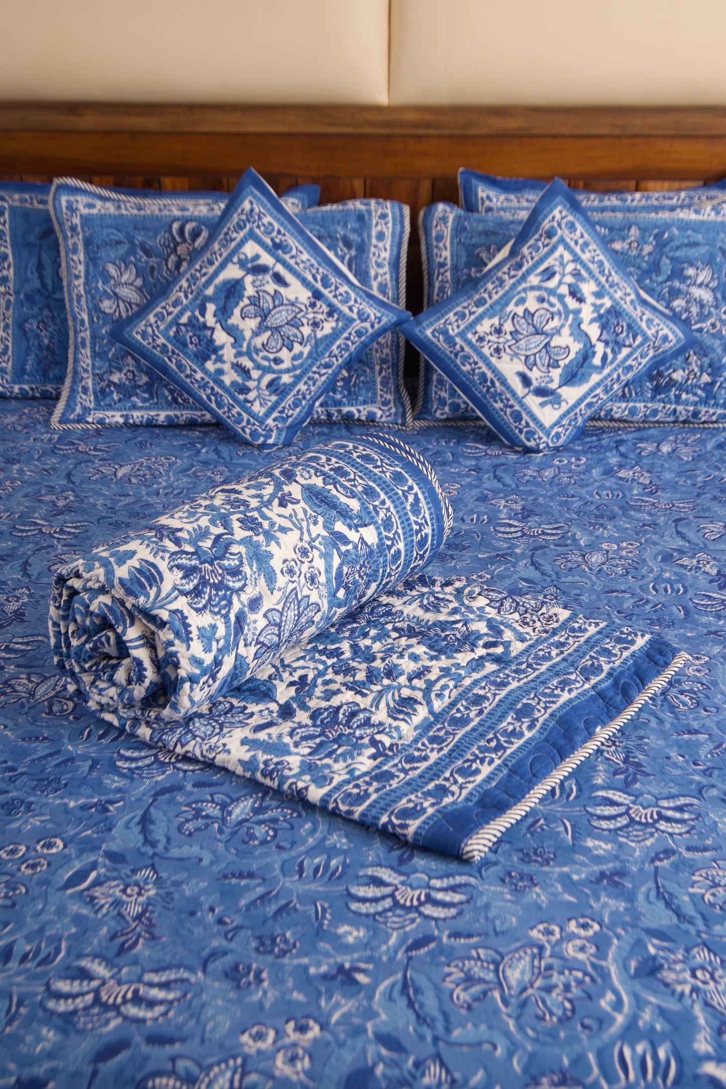 Blue Pottery Reversible Quilted Bedcover