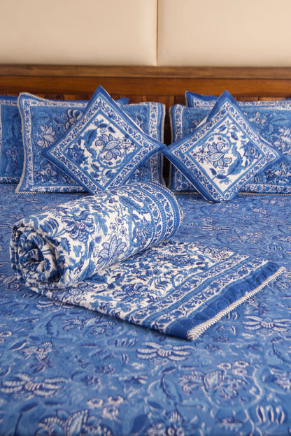 Blue Pottery Reversible Quilted Bedcover