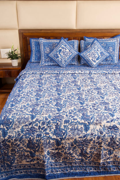 Blue Pottery Reversible Quilted Bedcover
