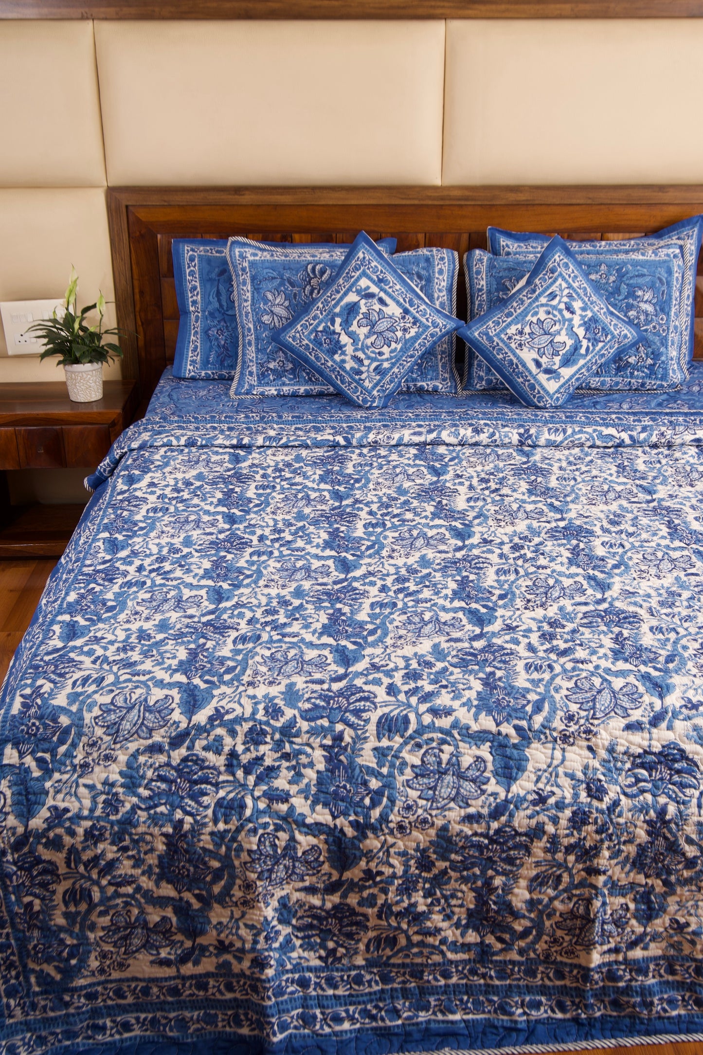 Blue Pottery Reversible Quilted Bedcover