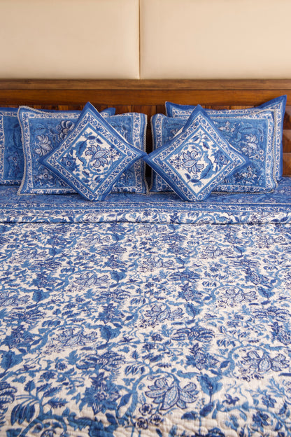 Blue Pottery Reversible Mulmul Cotton Quilt-King Size