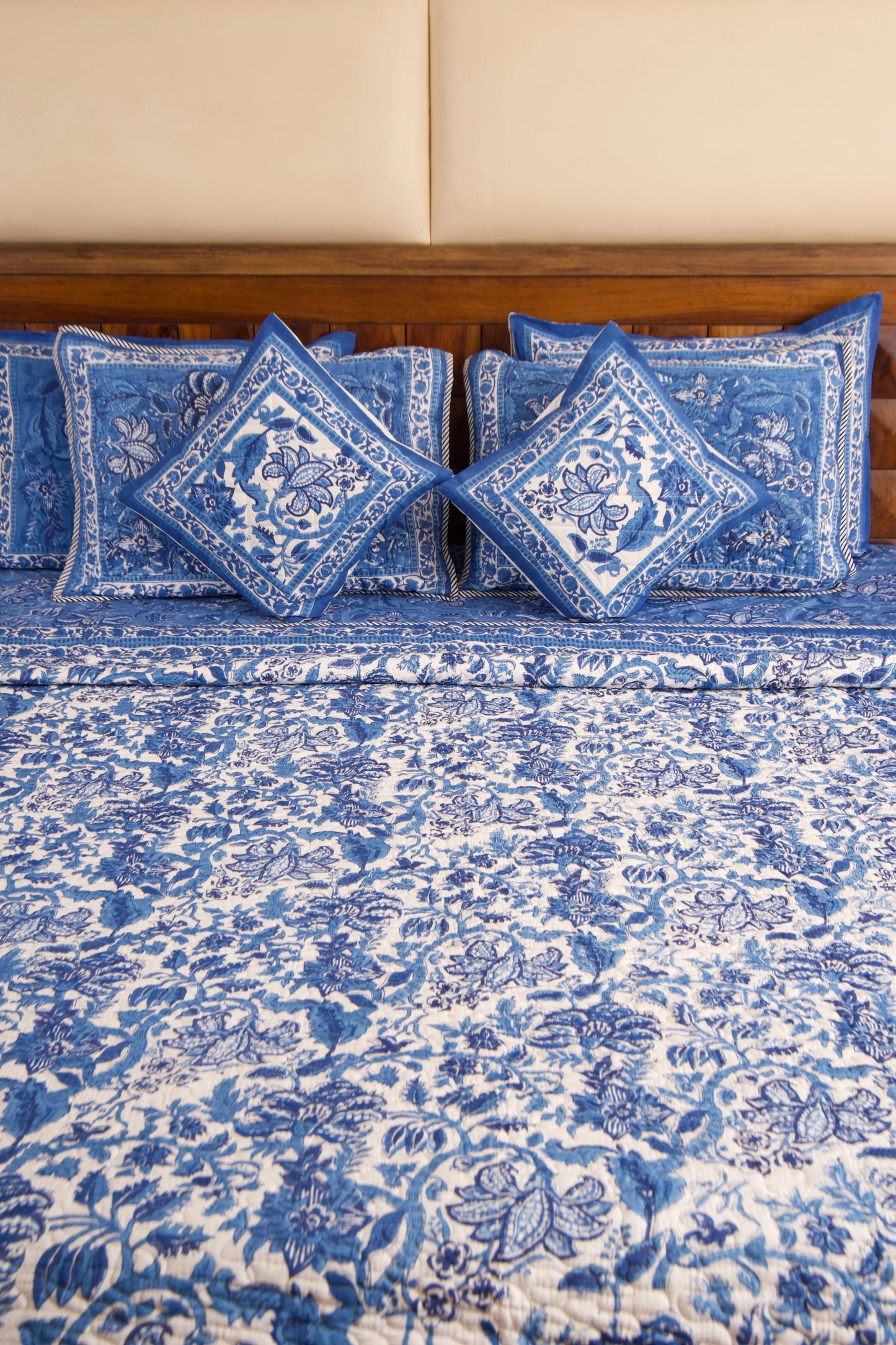 Blue Pottery Reversible Quilted Bedcover