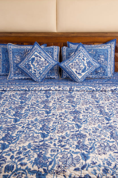 Blue Pottery Reversible Quilted Bedcover