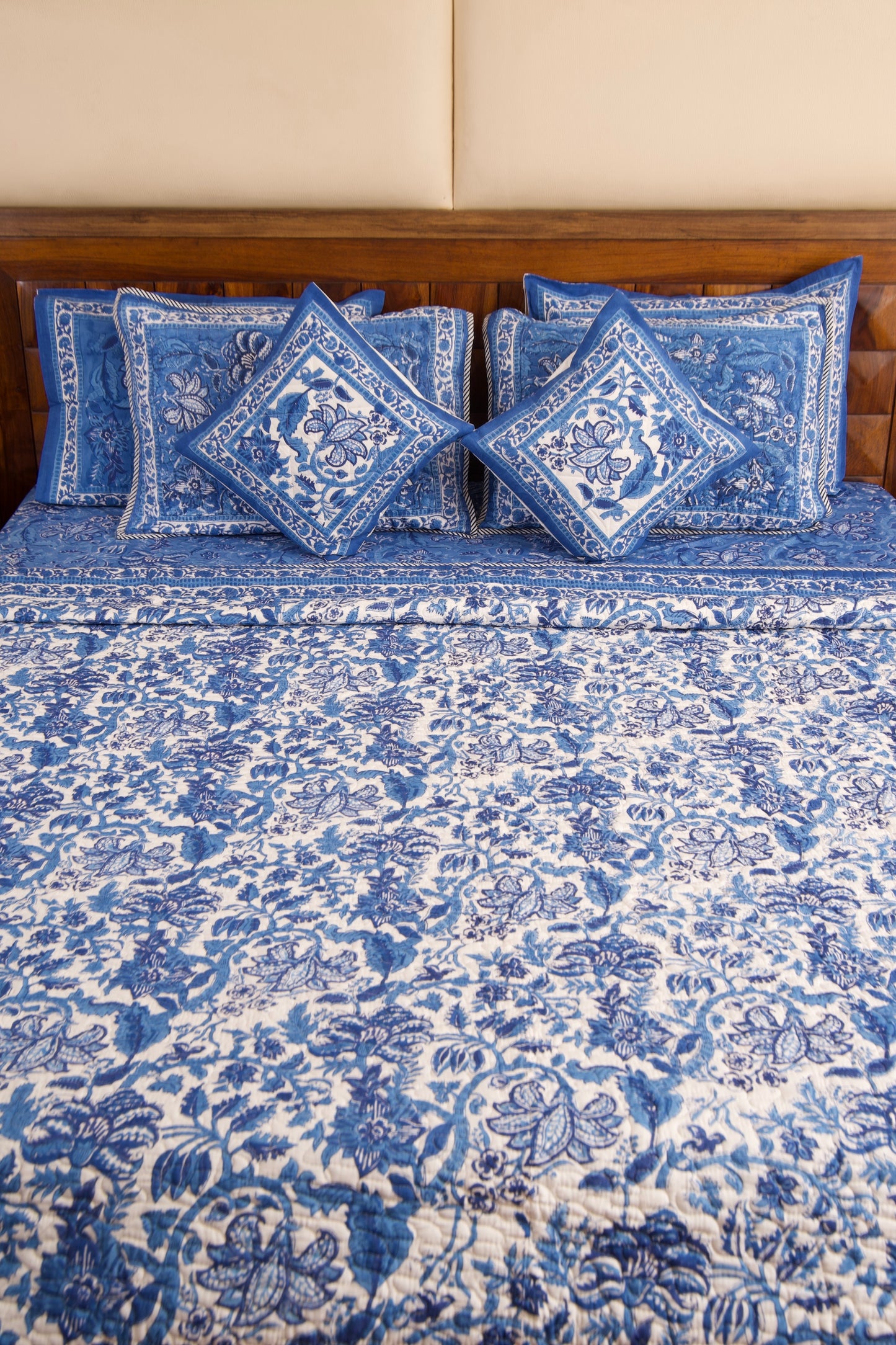 Blue Pottery Reversible Quilted Bedcover
