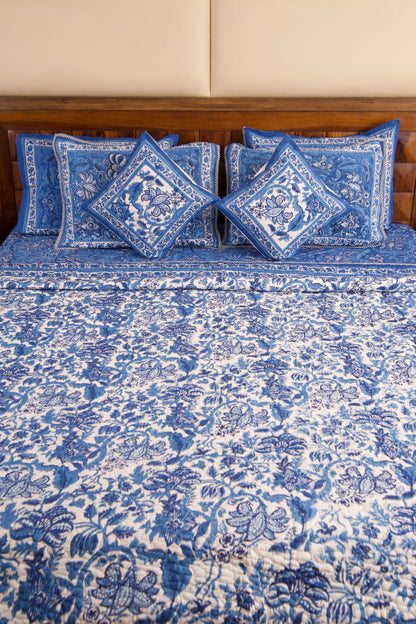 Blue Pottery Reversible Quilted Bedcover