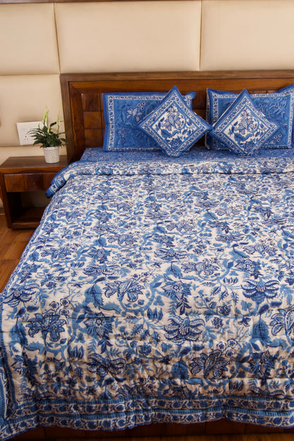 Blue Pottery Reversible Mulmul Cotton Quilt-King Size